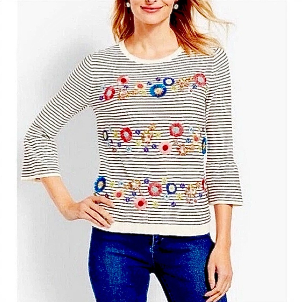 TALBOTS TOP FLORAL EMBELLISHED STRIPED 3/4 FLARE SLEEVE SIZE LARGE